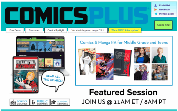 Comics Plus' virtual booth for LibraryCon Live 2025.