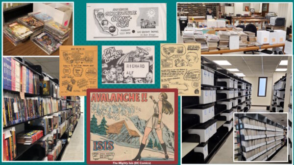 Various images of SDSU's physical comics collection.